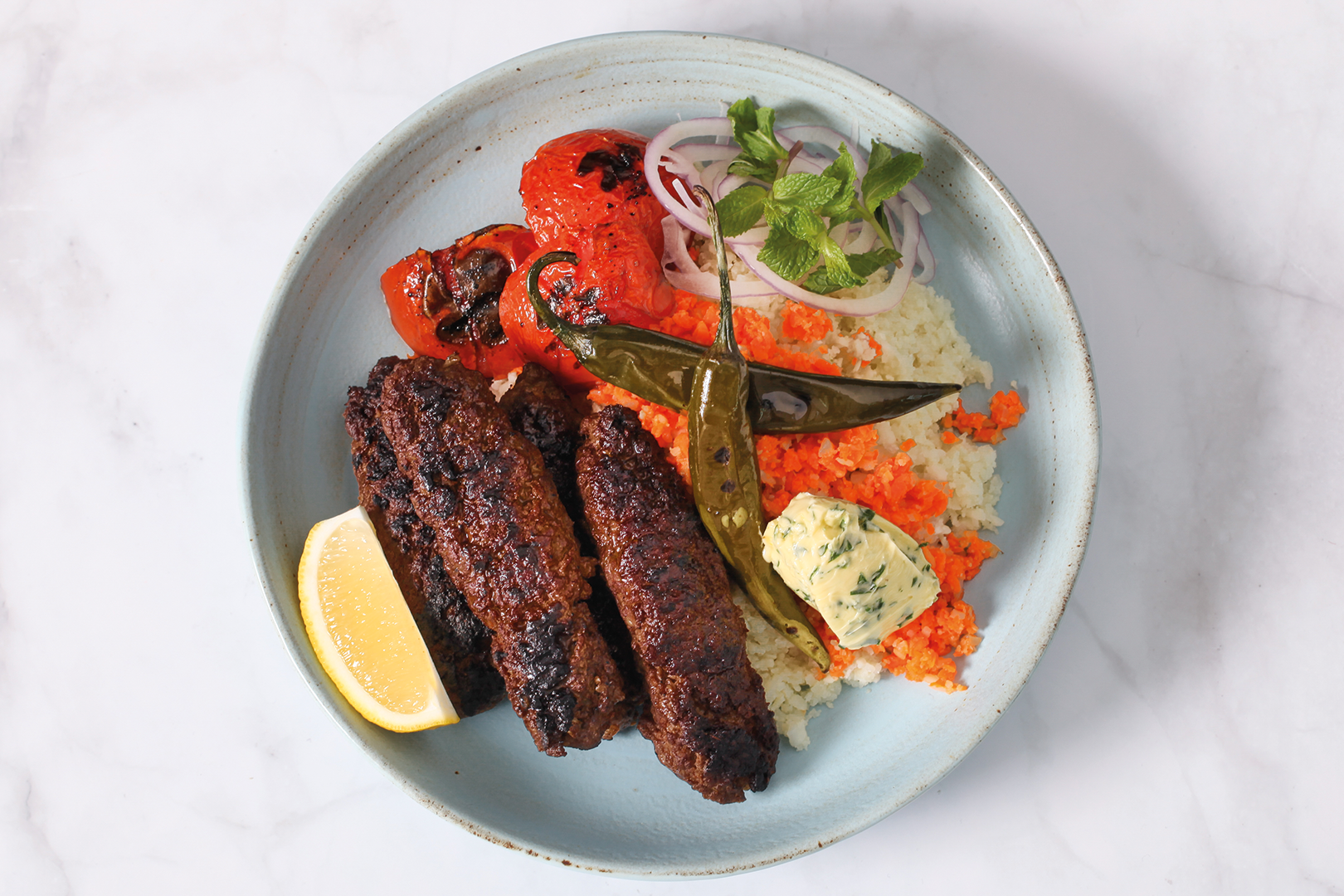 Persian Lamb & Beef Kebab with Cauliflower & Carrot "Pilaf"